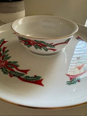 Vintage Fine China Holiday Poinsettia Chip and Dip Serving Set - Red & Green